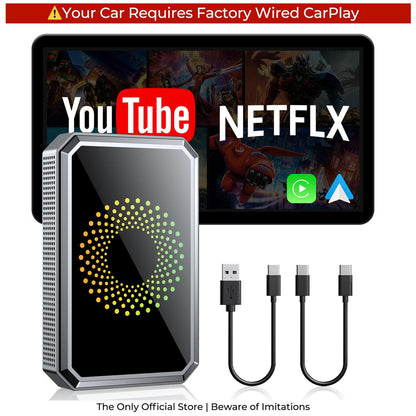 Wired to Wireless CarPlay Adapter – Netflix/YouTube/TikTok on Car Screen