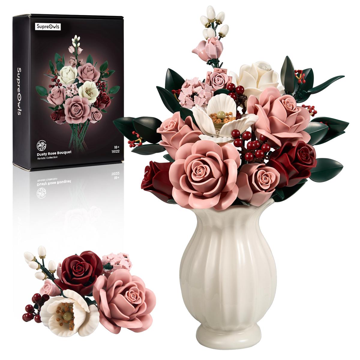 Pink Rose Flower Bouquet Building Set for Adults – Elegant Botanical Blocks, Romantic Home Decor Gift