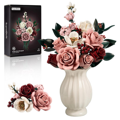 Pink Rose Flower Bouquet Building Set for Adults – Elegant Botanical Blocks, Romantic Home Decor Gift