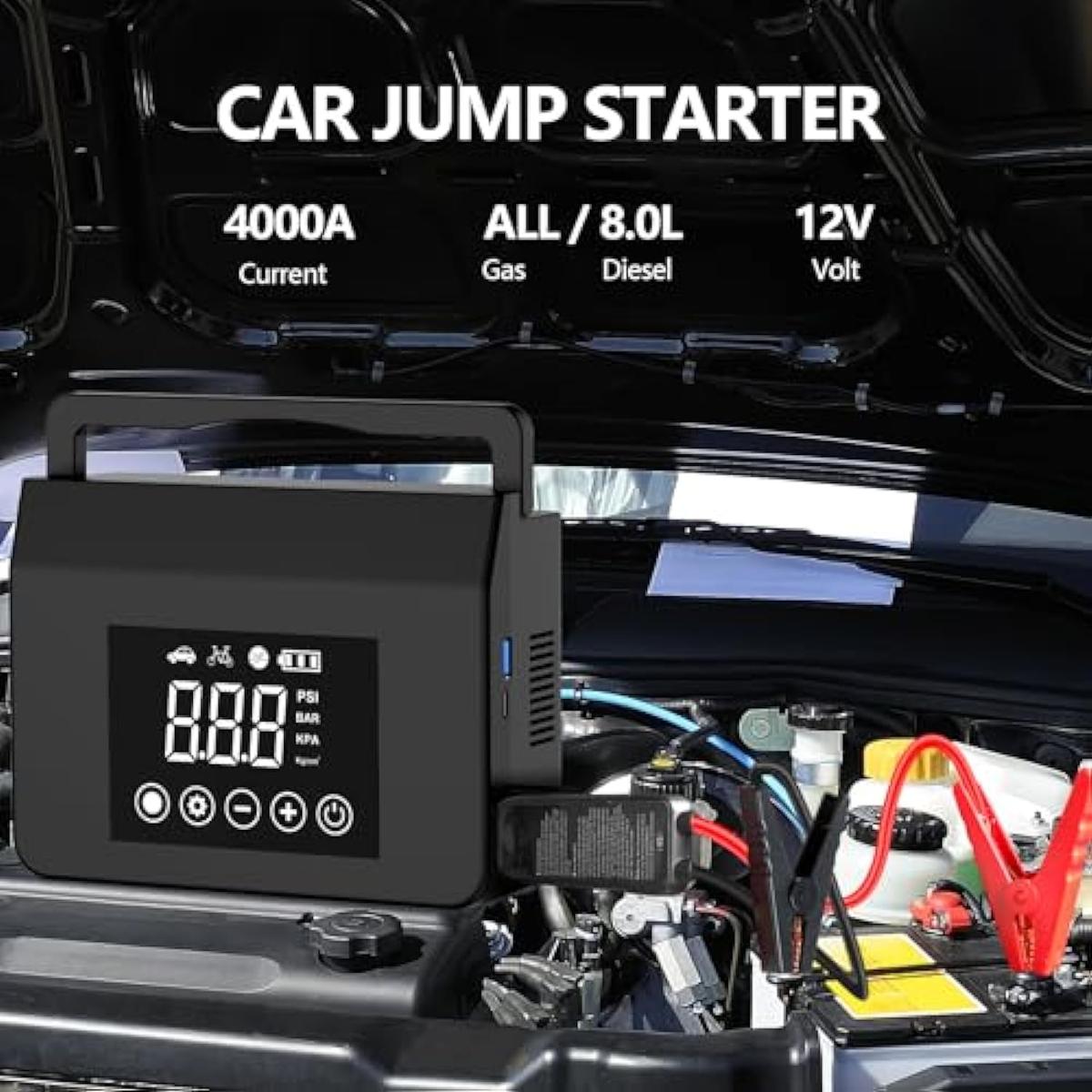 4000A Portable Car Jump Starter with Tire Inflator & Power Bank