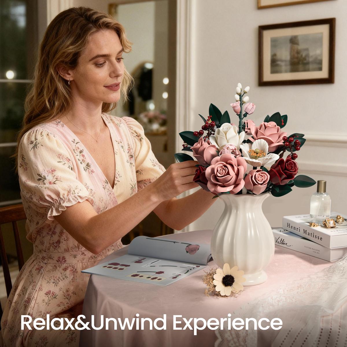 Pink Rose Flower Bouquet Building Set for Adults – Elegant Botanical Blocks, Romantic Home Decor Gift