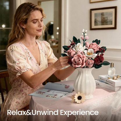 Pink Rose Flower Bouquet Building Set for Adults – Elegant Botanical Blocks, Romantic Home Decor Gift