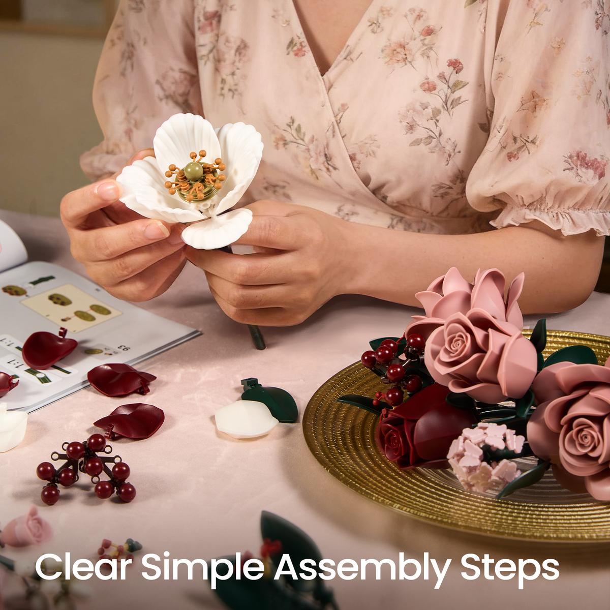 Pink Rose Flower Bouquet Building Set for Adults – Elegant Botanical Blocks, Romantic Home Decor Gift