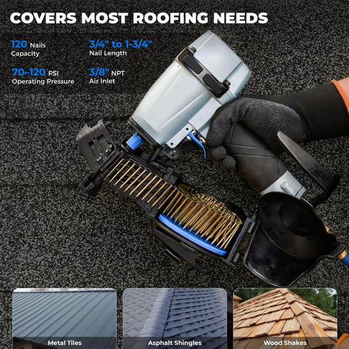 Pneumatic Roofing Nail Gun 15° 120-Coil, 70–120 PSI