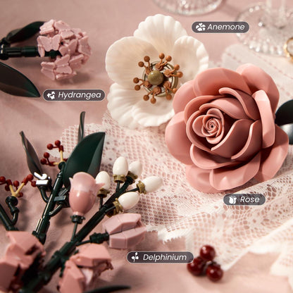 Pink Rose Flower Bouquet Building Set for Adults – Elegant Botanical Blocks, Romantic Home Decor Gift