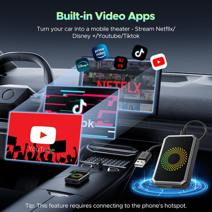 Wired to Wireless CarPlay Adapter – Netflix/YouTube/TikTok on Car Screen